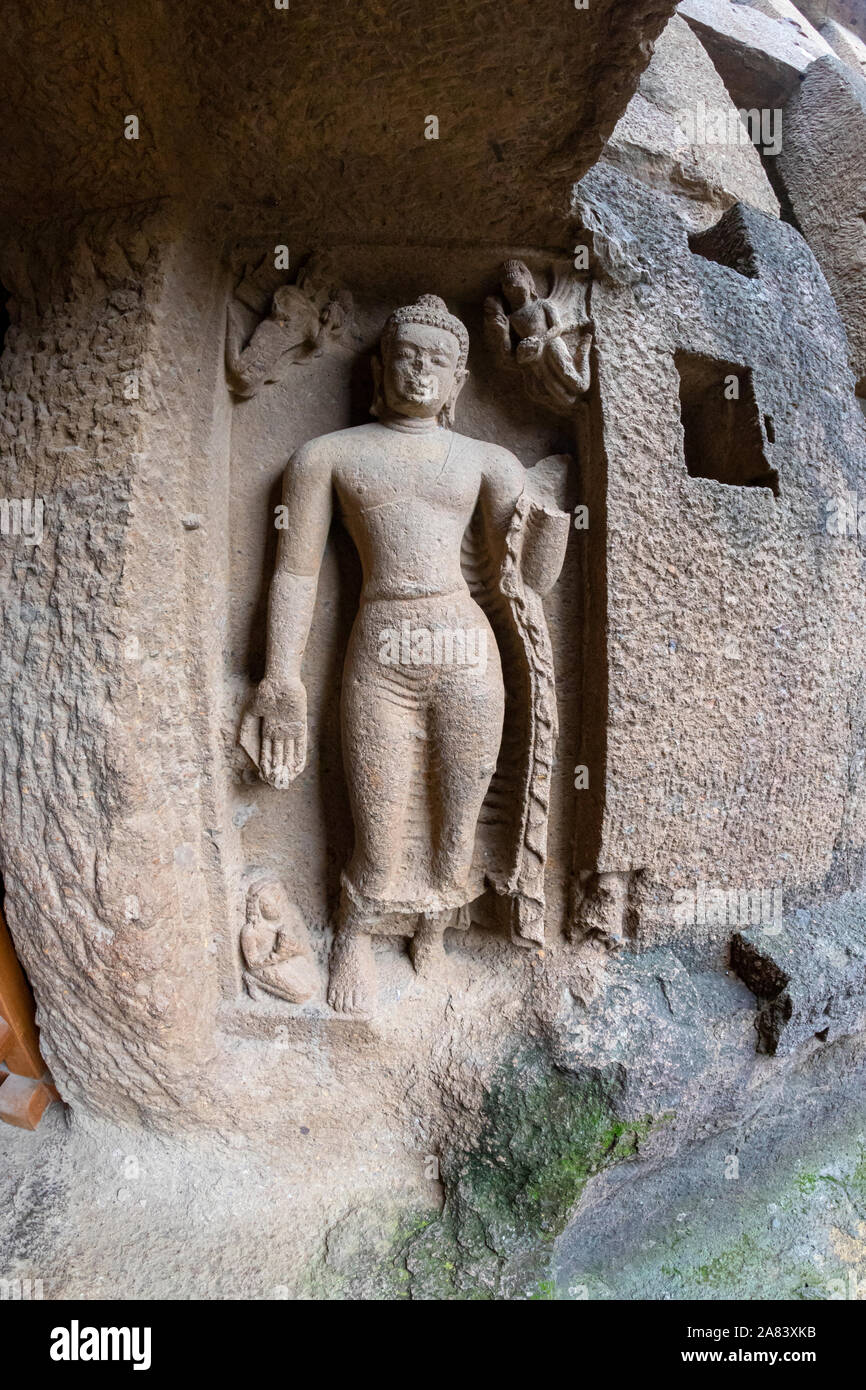 Gott budha hand Schrift an der Wand im historischen und Jahrhunderte alten kanheri Caves in Mumbai, Indien Stockfoto