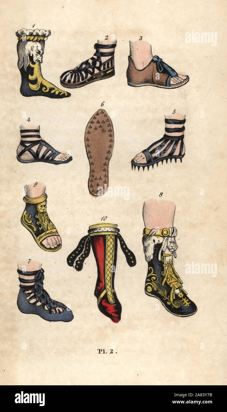 Schuhe, Stiefel und Sandalen des antiken Roms. Cothurnus boot1, rustikale Sandalette 2, geöffnet - toe Shoe 3, Sandale von Centurion 4, gespickt Sandale für Marching 5, genagelt Sandale Sandale schuh Sohle 6, 7, Start-Kaiser 8, verzierte öffnen - toe Boot 9, und Dacian Boot 10. Papierkörbe Kupferstich von J.'s Sparkes Hall Buch der Füße, Geschichte der Stiefel und Schuhe, New York, 1847. Stockfoto