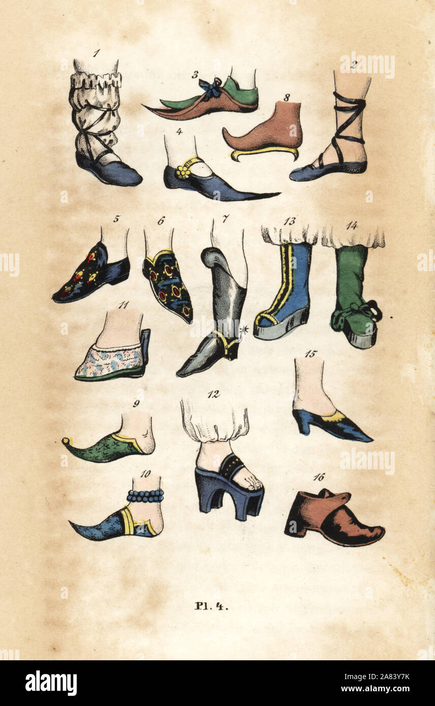 Europäische Schuhe und Stiefel: Russische boot1, Russisch Frau Sandale 2, Finnische Woman's Sandale 3, Finnische Woman's Slipper 4, Finnische bejeweled Schuhe 5,6, Boot 7 des Ungarischen Mann, der Tartarian Frau snoe - Schuhe 8, Hausschuhe 9,10 Der persische Frau, der chinesischen Frau Schuh 11, die türkische Frau chopine 12, Boot 13 die griechische Insel Naxos Frau, Frau, Boot14, venezianischen Rückenfreies Schuh 15, und die irischen Bauern brogue 16. Papierkörbe Kupferstich von J.'s Sparkes Hall Buch der Füße, Geschichte der Stiefel und Schuhe, New York, 1847. Stockfoto