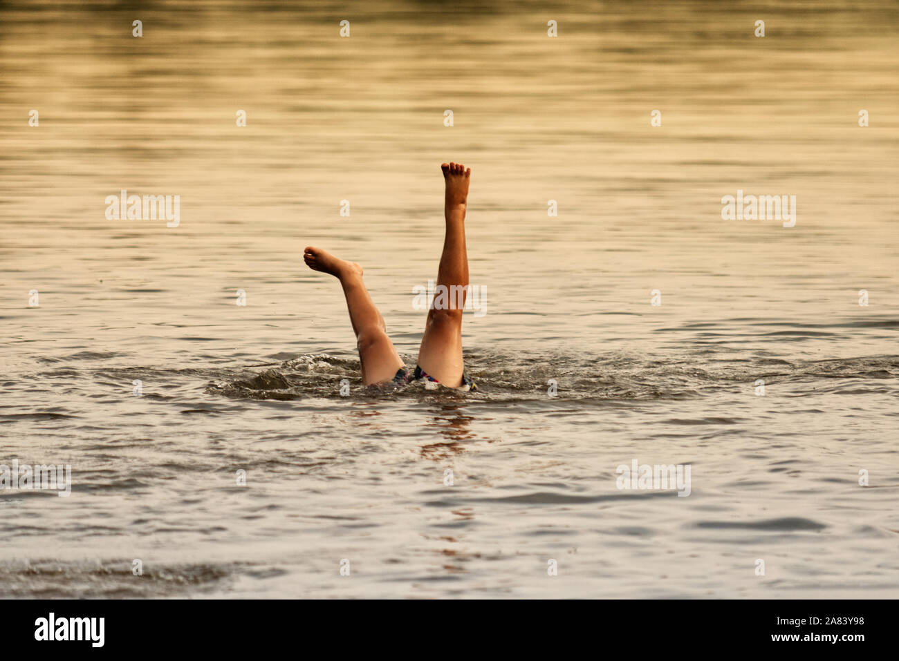 Kind Spaß Schwimmen, Tauchen im See nur mit Beinen stoßend, über Wasser, Abend Sonnenlicht Stockfoto