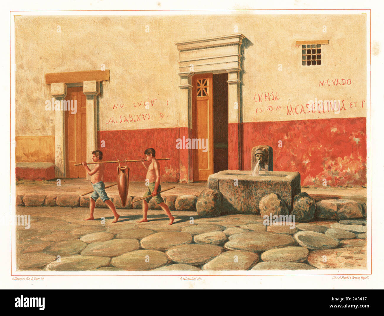 Street Szene, der Brunnen von Quecksilber, VI.8.24, Pompeji. Zwei slave Jungen tragen ein Amphoren Wasser. Die Wände sind mit Graffiti wie M. Sabinus und M. Casellium abgedeckt. Chromolithograph von D. Capri nach einer Illustration von G. Discanno von Antonio Niccolini von Pompeji: Ansichten und Restaurationen (Pompeji: Essaies et Restaurationen), durch Zucchi & De Luca, Neapel, 1898 veröffentlicht. Antonio war der Enkel des Architekten Antonio Niccolini Sr. Stockfoto