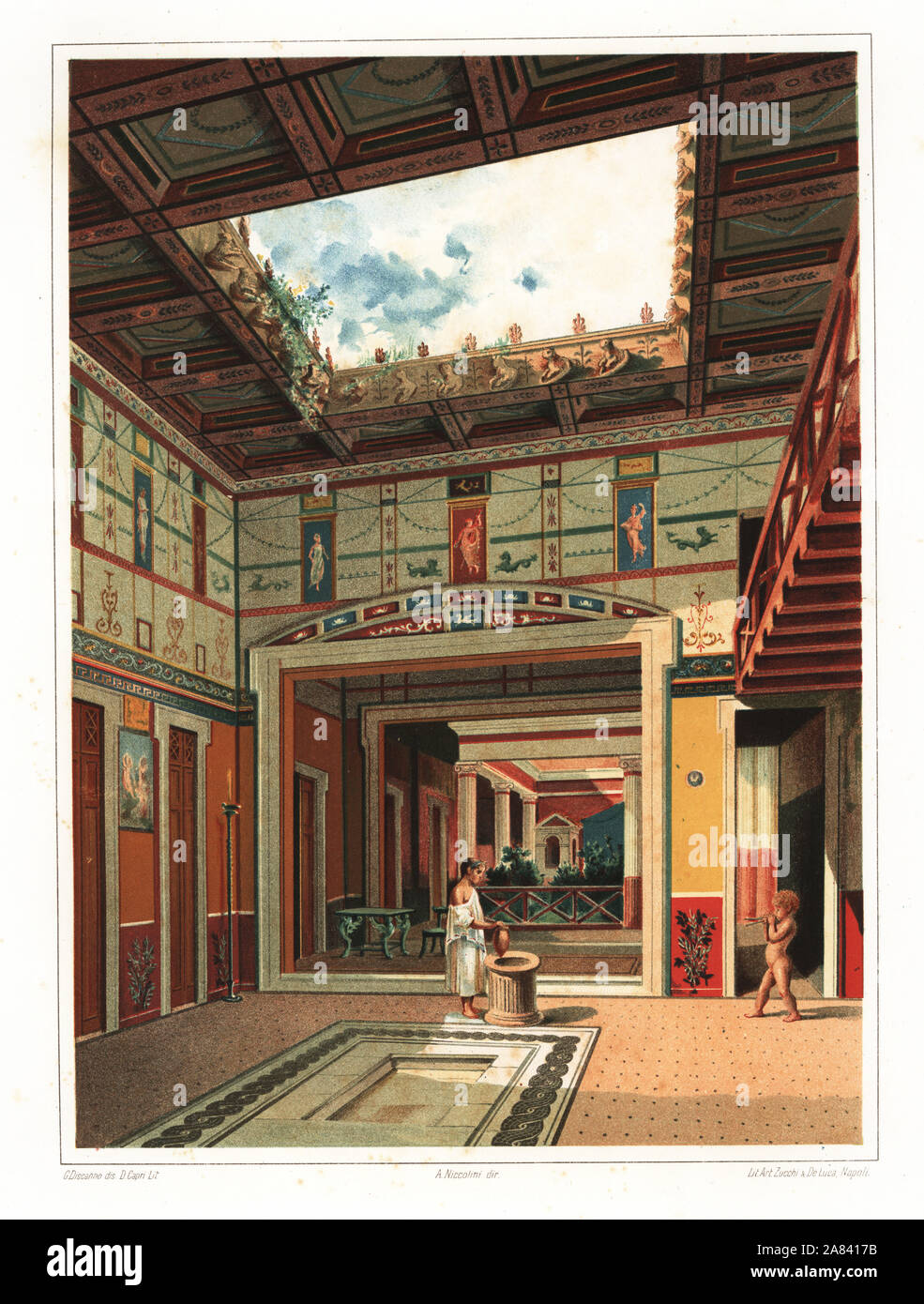 Haus des Tragischen Dichters, Pompeji VI.8.5. Slave boy Füllung einer Amphora am Brunnen in der Nähe der impluvium Pool im tablinum. Im Hintergrund die Säulenhalle Innenhof mit Garten und aedicula lararium Schrein. Chromolithograph von D. Capri nach einer Illustration von G. Discanno von Antonio Niccolini von Pompeji: Ansichten und Restaurationen (Pompeji: Essaies et Restaurationen), durch Zucchi & De Luca, Neapel, 1898 veröffentlicht. Antonio war der Enkel des Architekten Antonio Niccolini Sr. Stockfoto