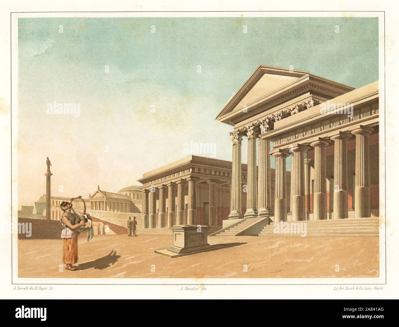 Blick auf den Tempel der Venus in der Nähe der Marina Tor, Pompeji. Junge spielt eine Leier vor dem Altar vor der Treppe zum Tempel. Chromolithograph von D. Capri nach einer Illustration von A. Carelli von Antonio Niccolini von Pompeji: Ansichten und Restaurationen (Pompeji: Essaies et Restaurationen), durch Zucchi & De Luca, Neapel, 1898 veröffentlicht. Antonio war der Enkel des Architekten Antonio Niccolini Sr. Stockfoto