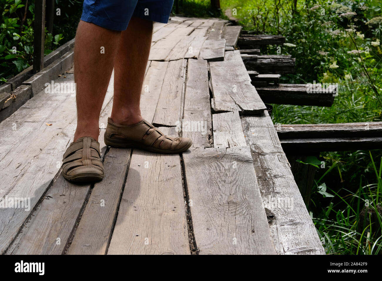 Holz- ländliche Brücke über einen Fluss im grünen Wald für Touristen entlang zu laufen. Holz Pathways. Touristische entfernt. Stockfoto