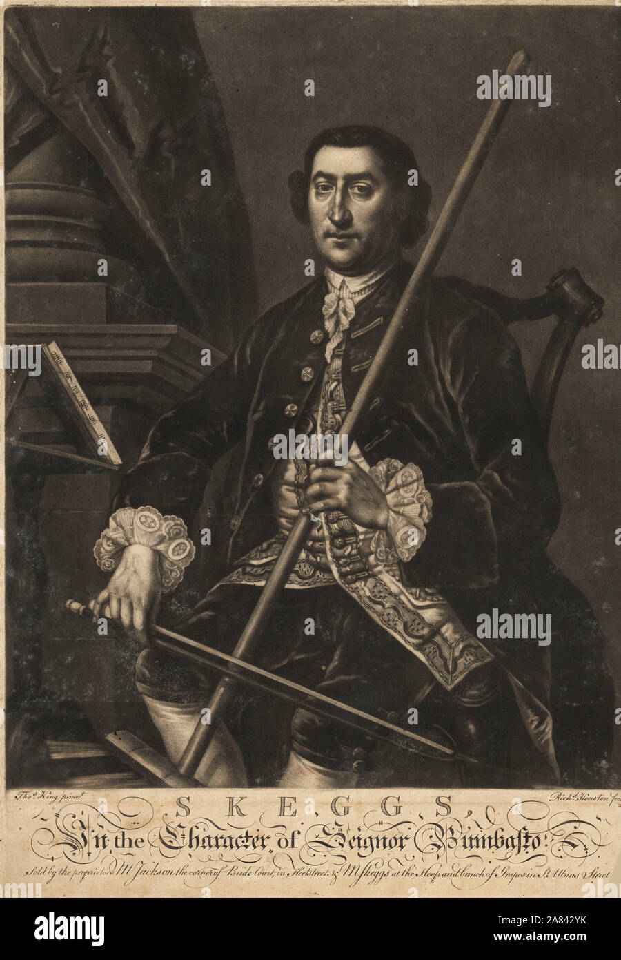 Matthäus Skeggs, im Charakter von Seignor Bumbasto, spielen ein Besenstiel anstelle von einem Cello mit Bogen. Skeggs war ein Zöllner und Performer der musikalischen Tricks mit der Wahl Spirituosen. Schabkunst von Richard Houston nach einem Gemälde von Thomas König von skeggs am Hoop und Trauben, 1771 veröffentlicht. Stockfoto