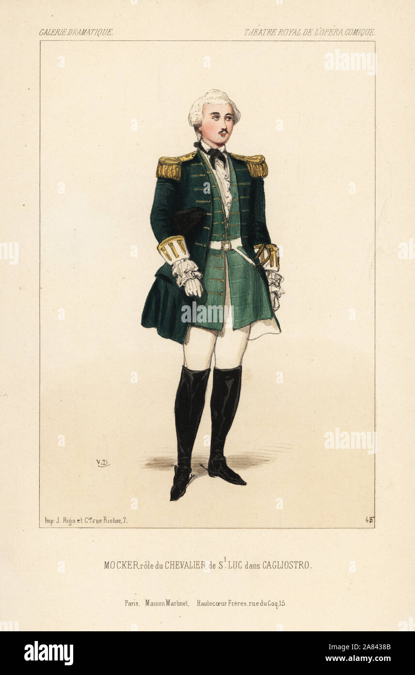 Französische tenor Toussaint-Eugene - Ernest Spötter als Chevalier de St. Luc in Cagliostro von Eugene Scribe, das Theatre Royal de l'Opéra Comique, 1843. Papierkörbe Lithographie nach einer Zeichnung von Victor Dollet vom Galerie Dramatique: Kostüme des Theater de Paris, Paris, 1844. Stockfoto