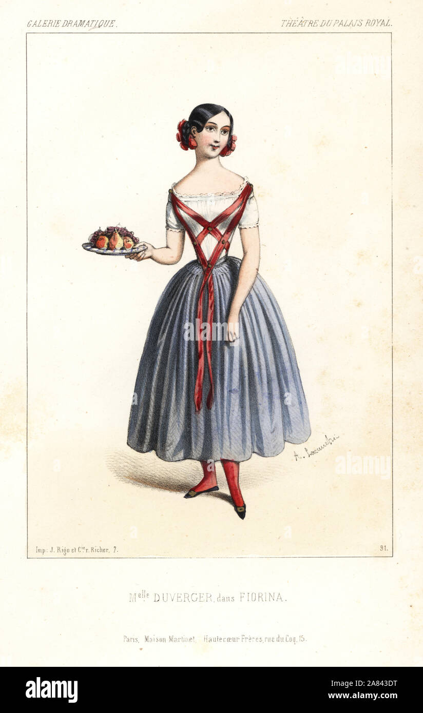 Mlle. Duverger in der Titelrolle von Fiorina, und Melesville Carmouche, Theatre du Palais-Royal, 1844. Papierkörbe Lithographie nach einer Zeichnung von Alexandre Lacauchie von Victor dollet's Galerie Dramatique: Kostüme des Theater de Paris, Paris, 1844. Stockfoto