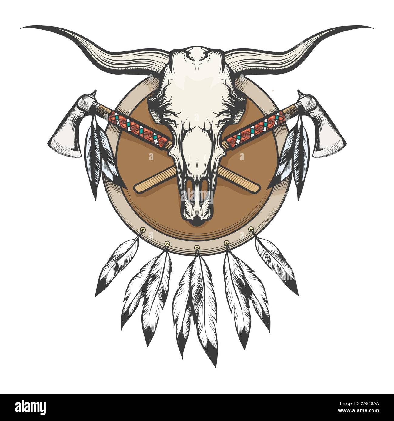 Native Americans Emblem. Stier Schädel und Tomahawk auf einem Schild. Vector Illustration. Stock Vektor