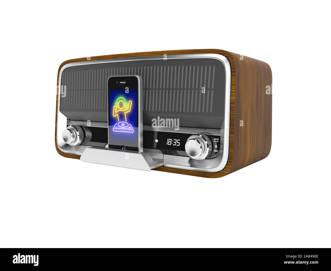 Konzept Classic tragbarer Lautsprecher für die Wiedergabe von Musik vom Smartphone 3d-render Abbildung auf weißem Hintergrund kein Schatten Stockfoto