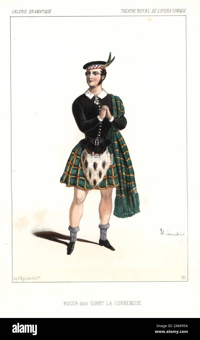 Tenor Sänger Gustave-Hippolyte Roger in der Komischen Oper Gibby la Cornemuse durch Clapisson, Théâtre de l'Opéra Comique, 1846. Papierkörbe Lithographie nach einer Zeichnung von Alexandre Lacauchie von Victor dollet's Galerie Dramatique: Kostüme des Theater de Paris, Paris, 1846. Stockfoto