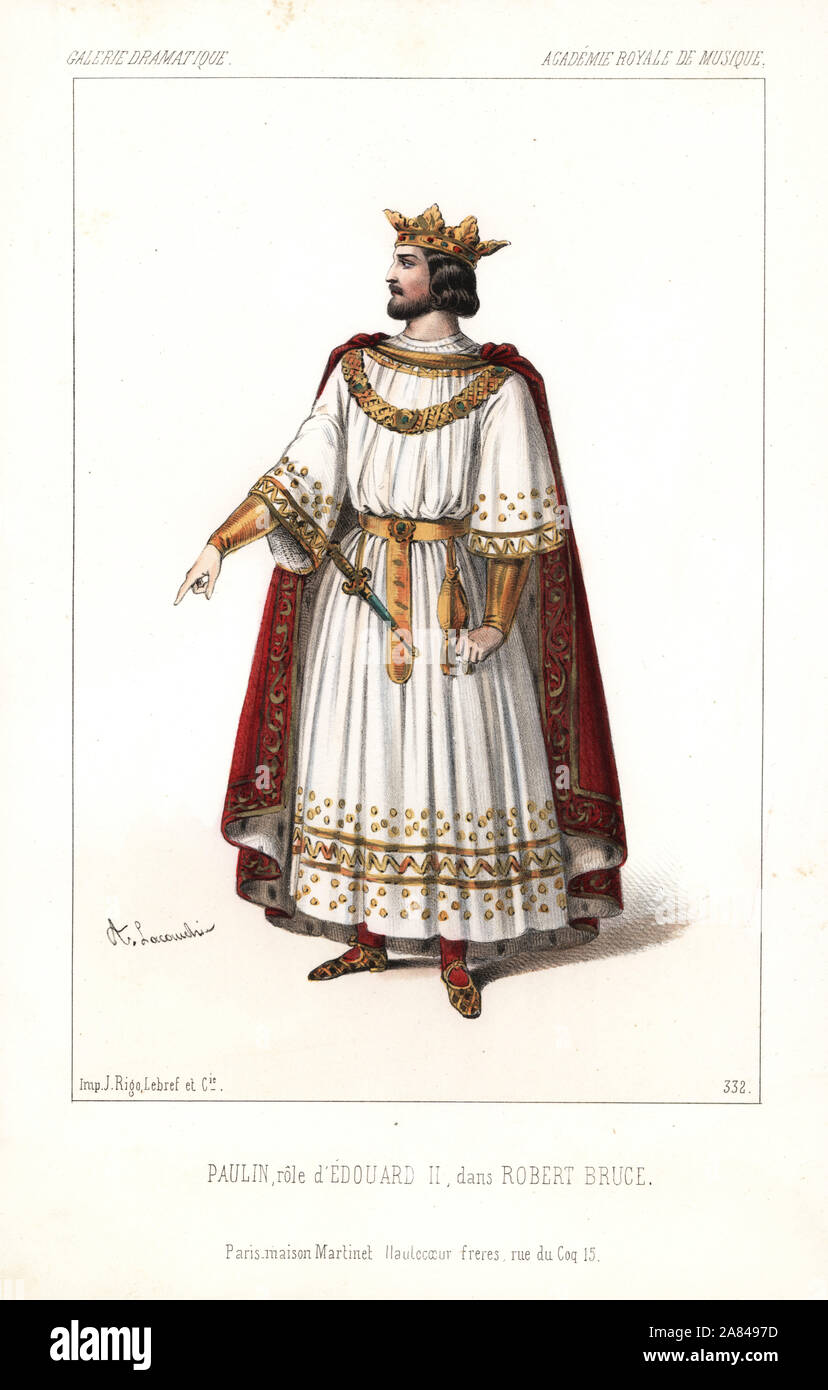 Tenor Sänger Louis Paulin als König Edward II. von England in der Pastiche oper Robert Bruce von Gioachino Rossini, Academie Royale de Musique, 1846. Papierkörbe Lithographie nach einer Zeichnung von Alexandre Lacauchie von Victor dollet's Galerie Dramatique: Kostüme des Theater de Paris, Paris, 1846. Stockfoto