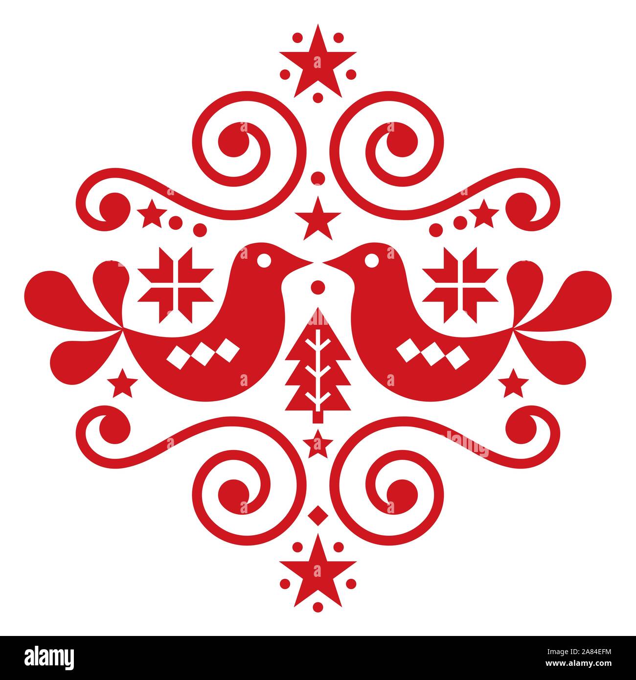 Weihnachten Scandinavian folk art vector Pattern, niedliche Blumen Grußkarte Design mit Weihnachten Bäume, Vögel und Blumen Stock Vektor