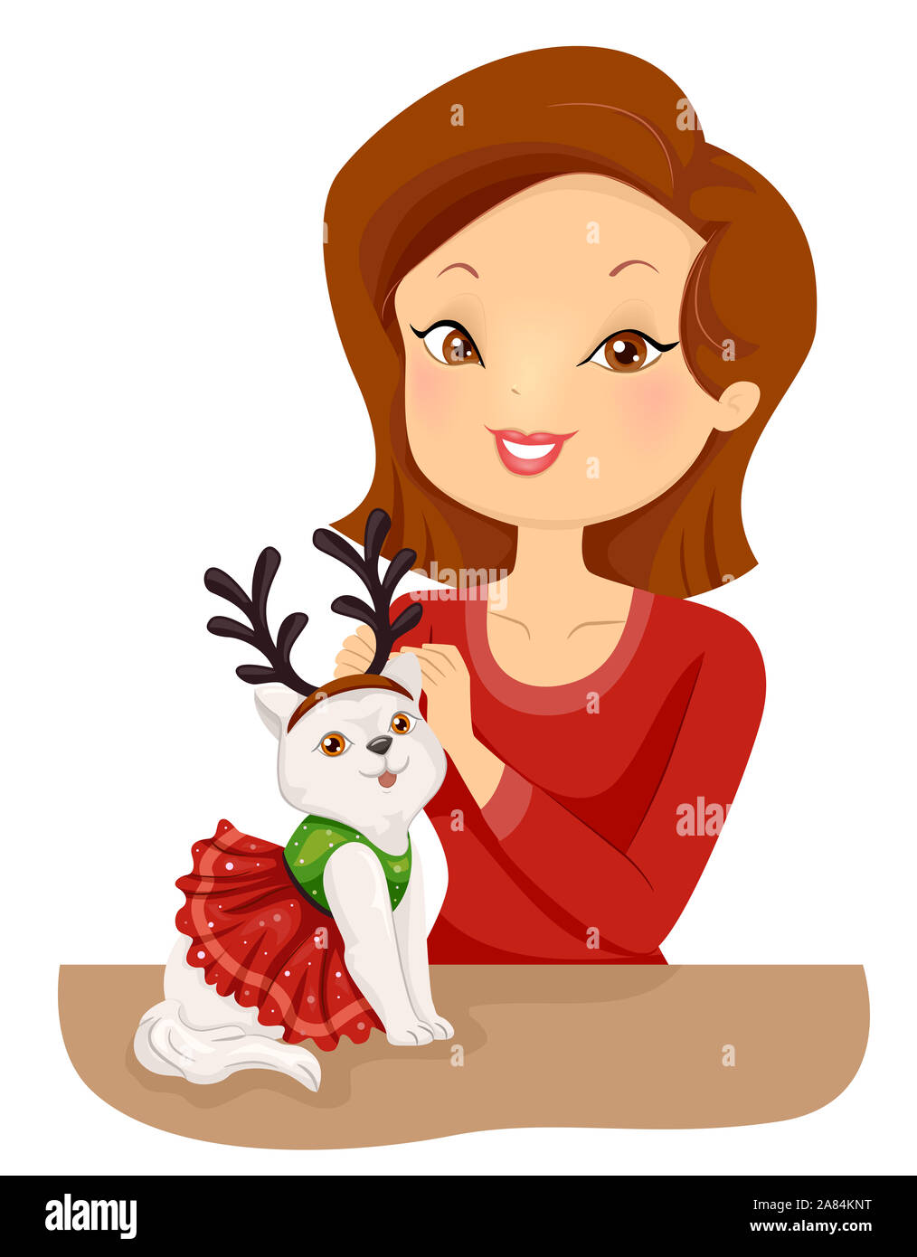 Abbildung: ein Mädchen setzen auf Weihnachten Kostüm mit Rentiergeweih auf Ihr Haustier Katze Stockfoto