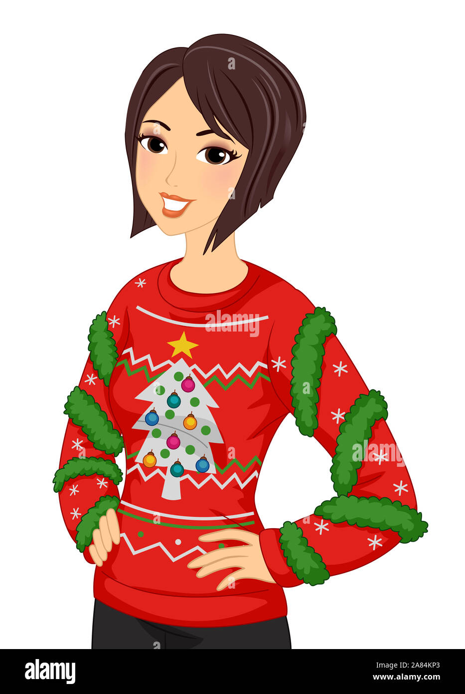 Abbildung: ein Mädchen mit einem hässlichen Pullover mit Weihnachtsbaum und immergrünen Blätter Stockfoto