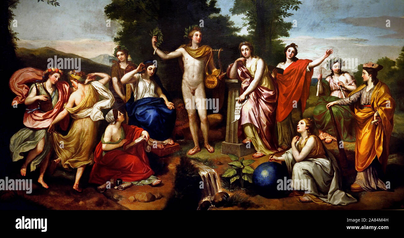 Parnassus 1761 von Anton Raphael Mengs 1727-1779, Italien, Italienisch. (Die allgemeine Zusammensetzung wird durch Raffaels Fresko "parnas" in der Stanza della Segnatura im Vatikan Palace in Rom inspiriert. In der Mitte ist Apollo Mousagetes, den Gott der Sonne, der Patron der Künste und der Führer der Musen, mit seiner Attribute einer Leier, eine Krone auf dem Kopf und einem Lorbeerkranz in der Hand. Platz zu seiner Rechten ist der Mnemosyne, die Mutter der Musen und die Göttin der Erinnerung, als auch Klio, die Muse der Geschichte, Thalia, der Muse der Komödie und die tanzenden Erato und Terpsichore. Zu seiner Linken ist Kalliope Stockfoto