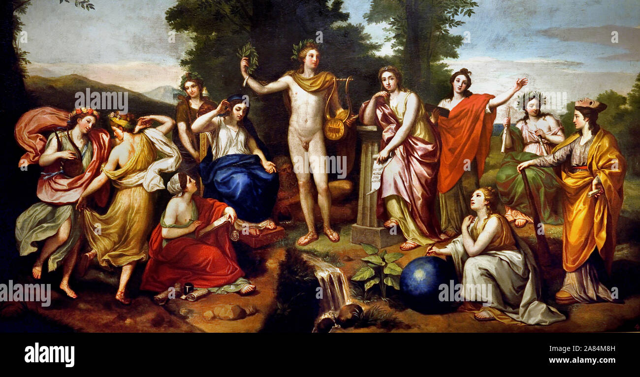 Parnassus 1761 von Anton Raphael Mengs 1727-1779, Italien, Italienisch. (Die allgemeine Zusammensetzung wird durch Raffaels Fresko "parnas" in der Stanza della Segnatura im Vatikan Palace in Rom inspiriert. In der Mitte ist Apollo Mousagetes, den Gott der Sonne, der Patron der Künste und der Führer der Musen, mit seiner Attribute einer Leier, eine Krone auf dem Kopf und einem Lorbeerkranz in der Hand. Platz zu seiner Rechten ist der Mnemosyne, die Mutter der Musen und die Göttin der Erinnerung, als auch Klio, die Muse der Geschichte, Thalia, der Muse der Komödie und die tanzenden Erato und Terpsichore. Zu seiner Linken ist Kalliope Stockfoto