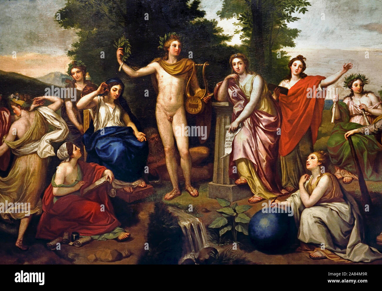 Parnassus 1761 von Anton Raphael Mengs 1727-1779, Italien, Italienisch. (Die allgemeine Zusammensetzung wird durch Raffaels Fresko "parnas" in der Stanza della Segnatura im Vatikan Palace in Rom inspiriert. In der Mitte ist Apollo Mousagetes, den Gott der Sonne, der Patron der Künste und der Führer der Musen, mit seiner Attribute einer Leier, eine Krone auf dem Kopf und einem Lorbeerkranz in der Hand. Platz zu seiner Rechten ist der Mnemosyne, die Mutter der Musen und die Göttin der Erinnerung, als auch Klio, die Muse der Geschichte, Thalia, der Muse der Komödie und die tanzenden Erato und Terpsichore. Zu seiner Linken ist Kalliope Stockfoto