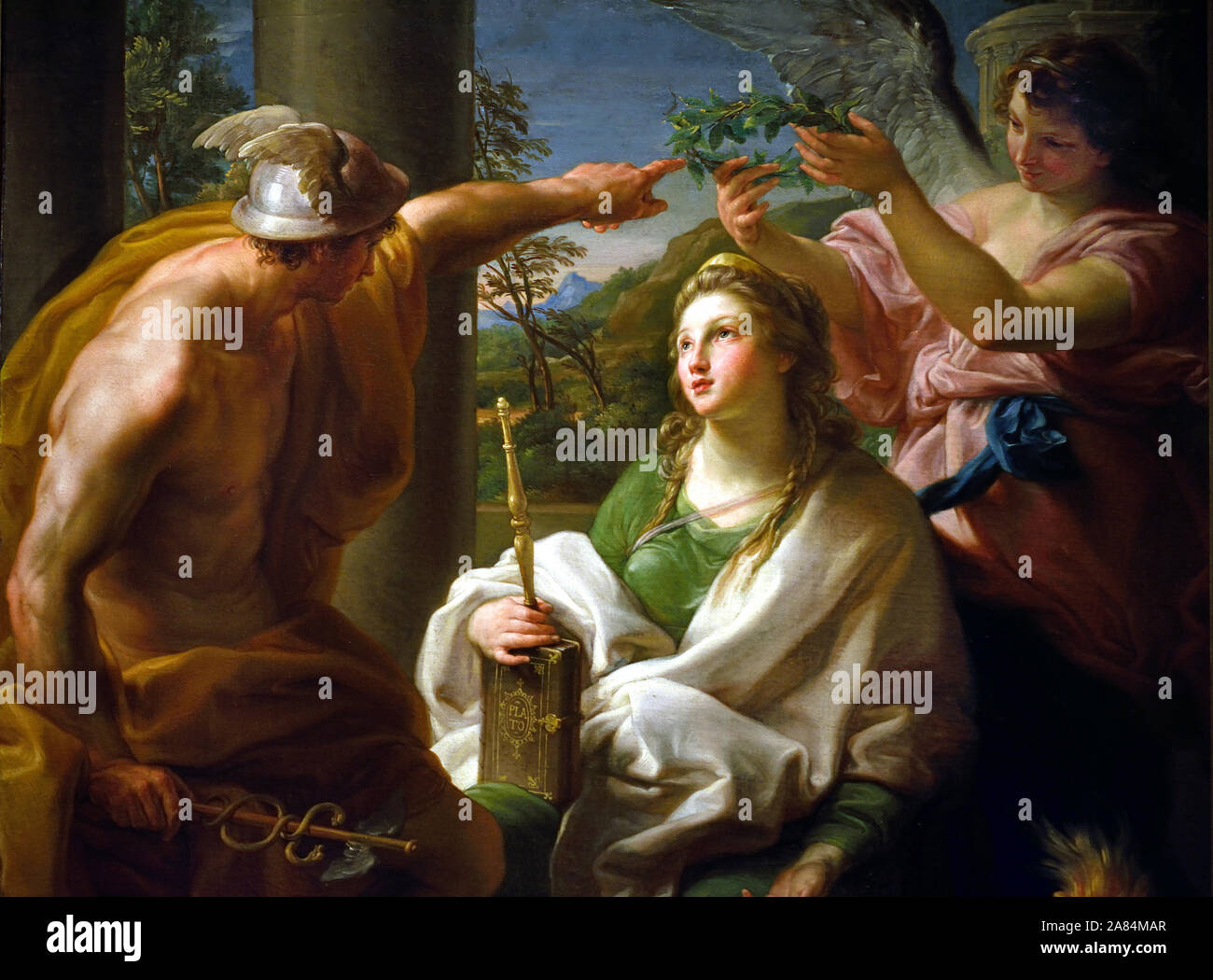 Quecksilber Krähen Philosophie, "Mutter" der Künste von Pompeo Girolamo Batoni 1708-1787 Italien Italienisch. Stockfoto