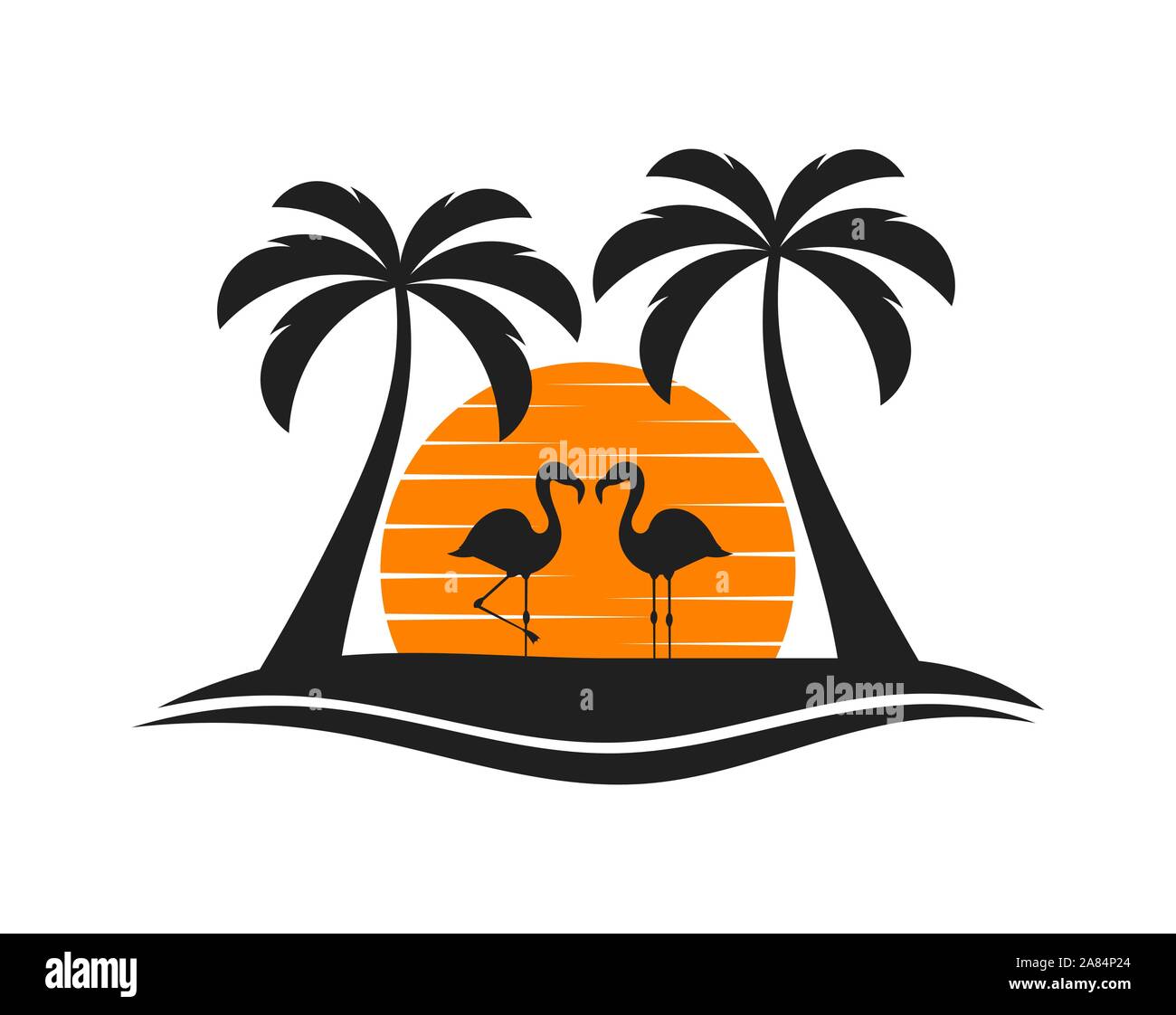 Palmen, zwei Flamingos und Sonnenuntergang über der Insel. Vector Illustration Stock Vektor