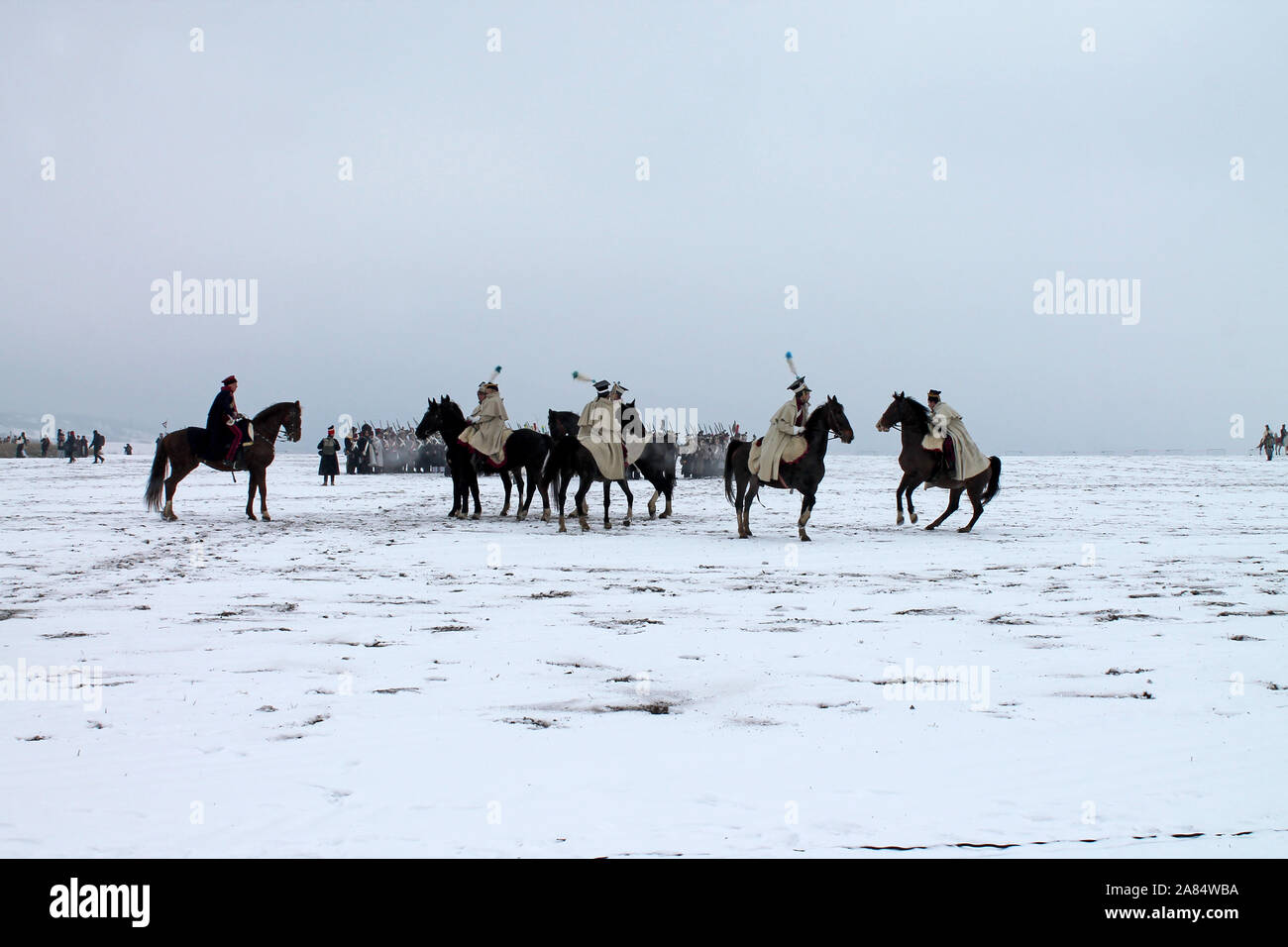 Pferd Offiziere in der Schlacht der drei Kaiser Wiederaufbau. Schlacht von Austerlitz 1805 Jahr. Slavkov. Tschechische Republick. 02.12. 2018 ihr Stockfoto