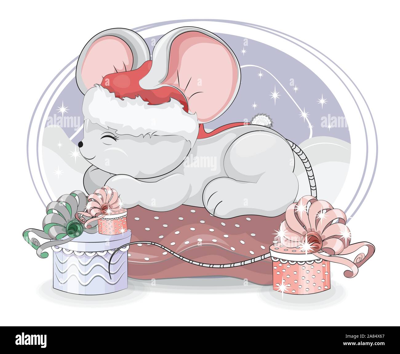 Sleepping Maus. baby Ratte. Symbol 2020 Jahr in Santa Kappe, in Kissen. Bild in der Hand Zeichnung Cartoon Stil, für Weihnachten oder Neujahr Grußkarte, p Stock Vektor