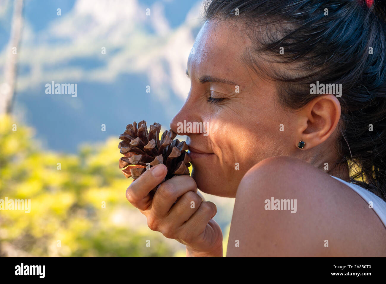 Das Mädchen entspannt, riechen den Duft eines Pine Cone Stockfoto