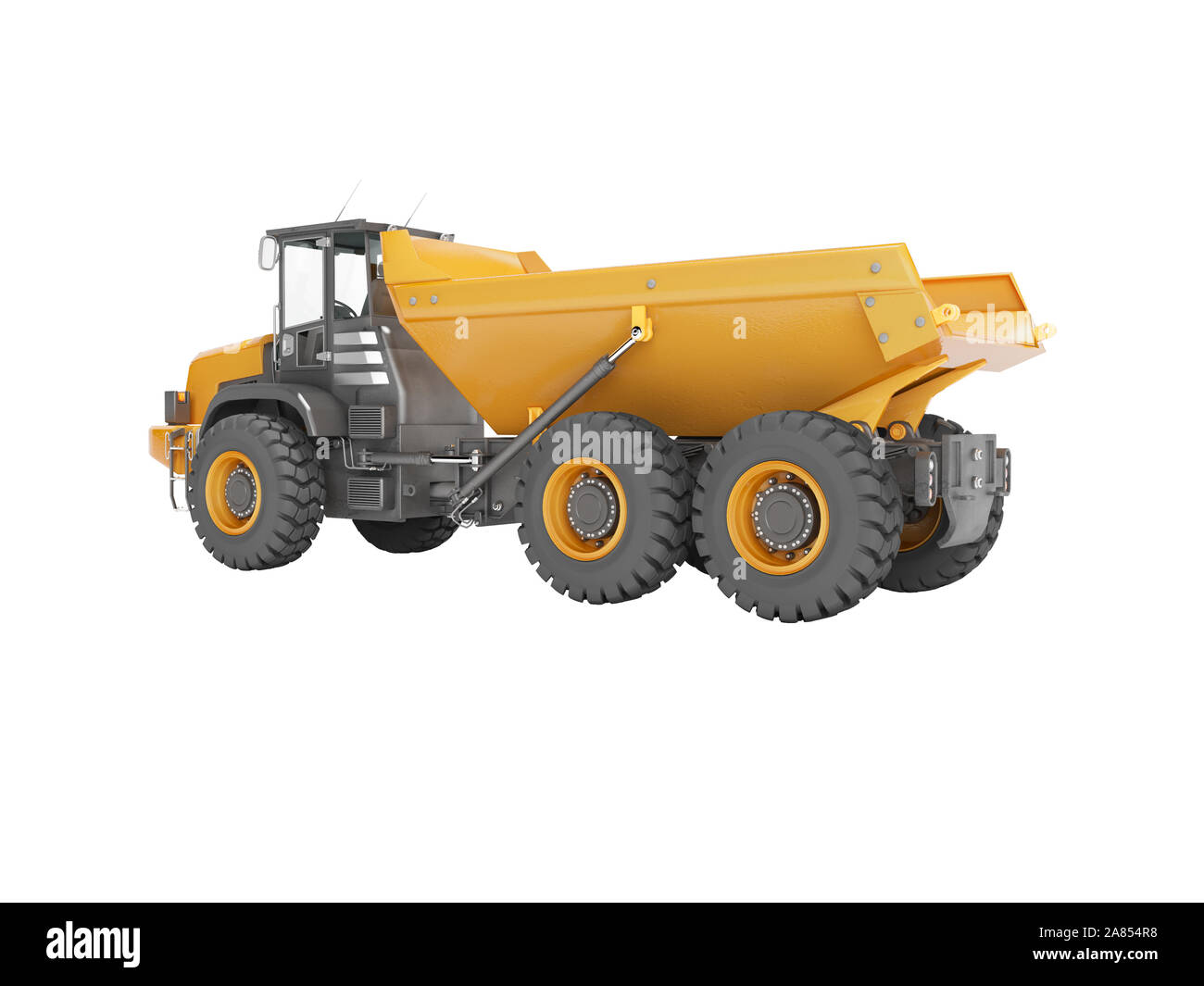 Orange Bergbau Dump Truck isoliert Rückansicht 3D-Render auf weißem Hintergrund kein Schatten Stockfoto