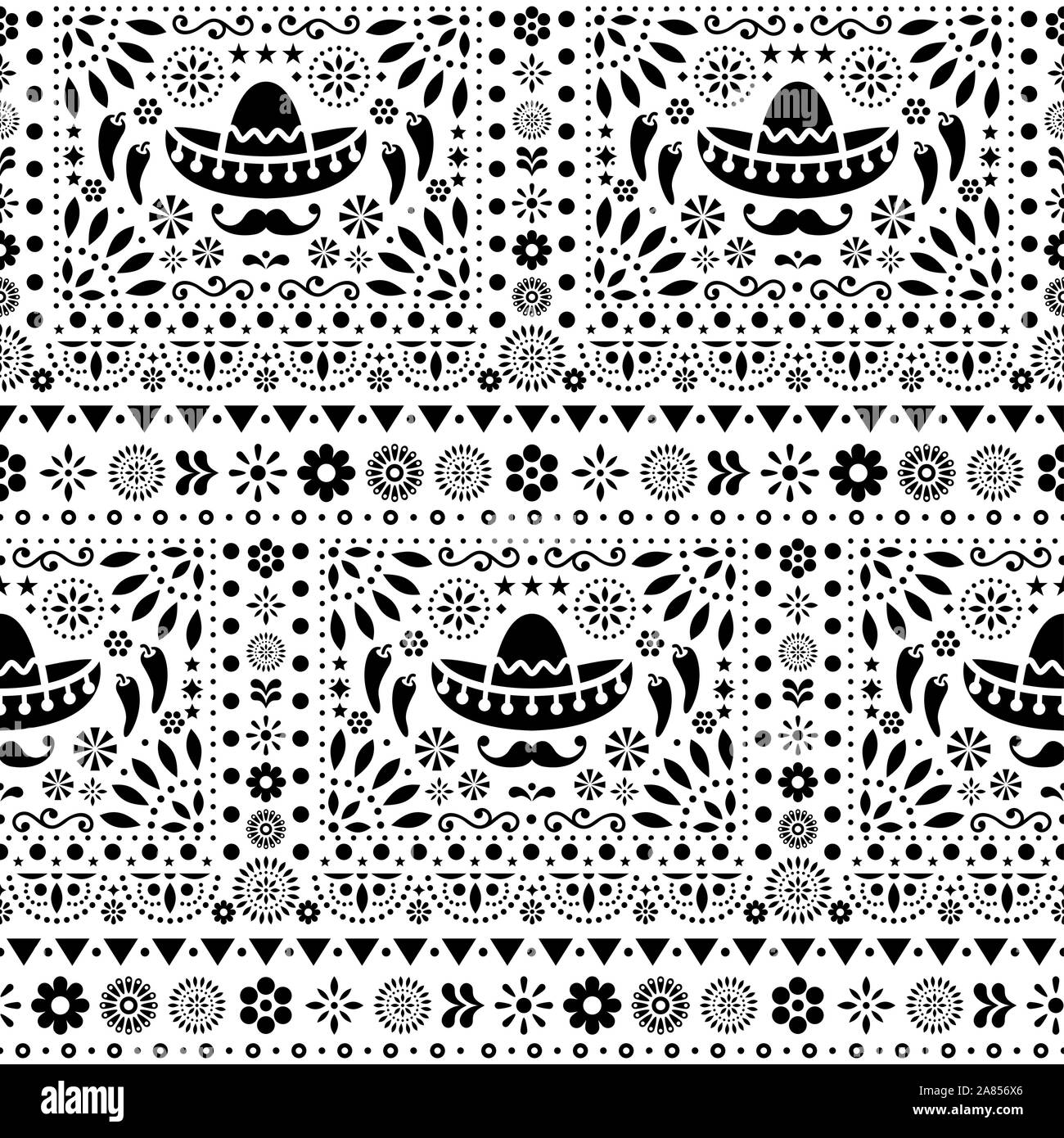 Nahtlose monochromen vector Mexikanischen florales Muster mit Sombrero, Chili Peppers und Blumen, freut sich wiederholende Hintergrund Stock Vektor