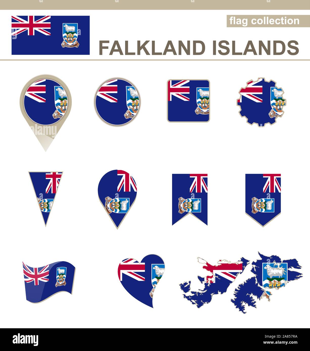 Falkland Inseln Flagge Sammlung, 12 Versionen Stock Vektor