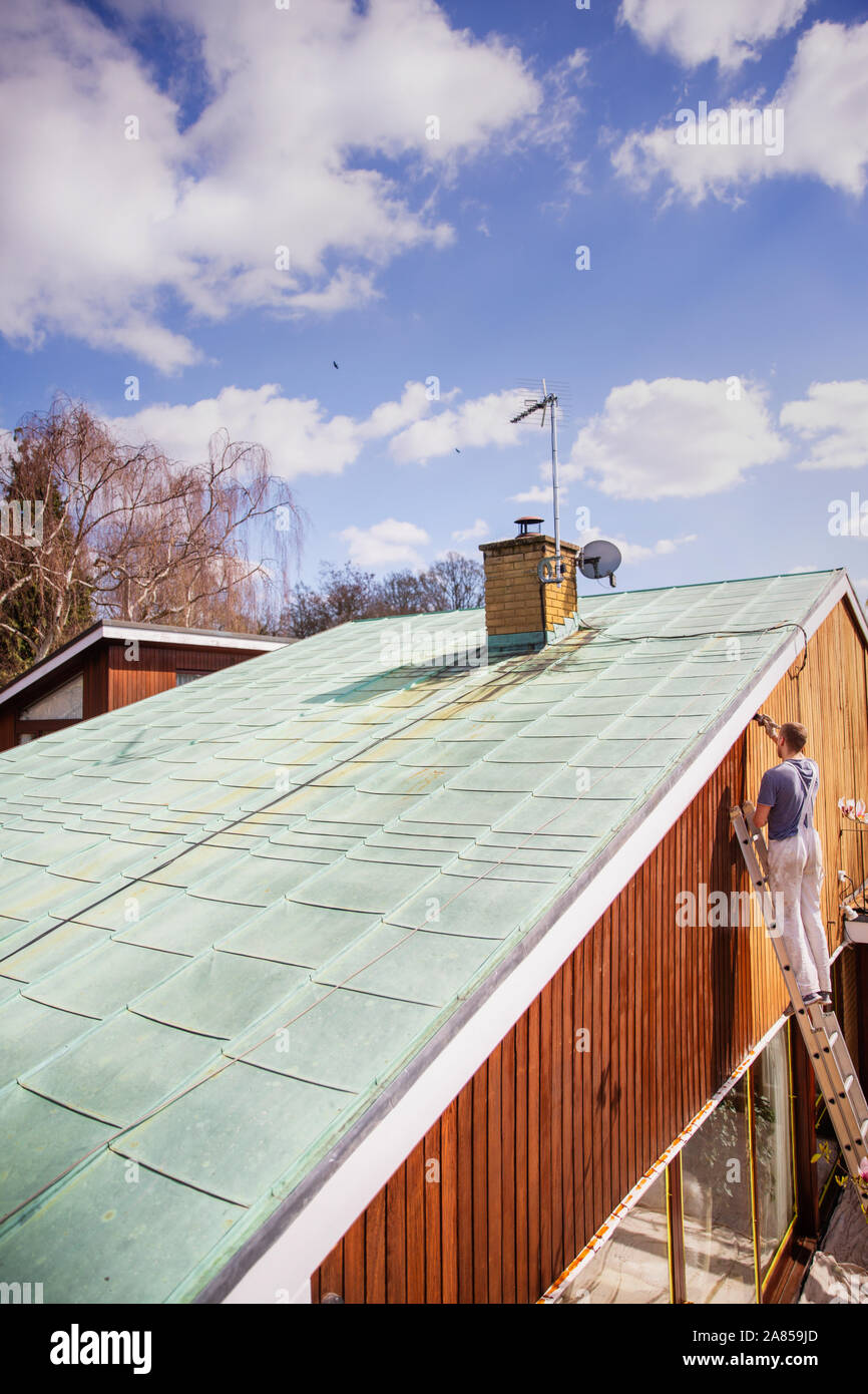 Männliche Maler auf der Leiter lackieren Home äußere Abdeckleiste Stockfoto