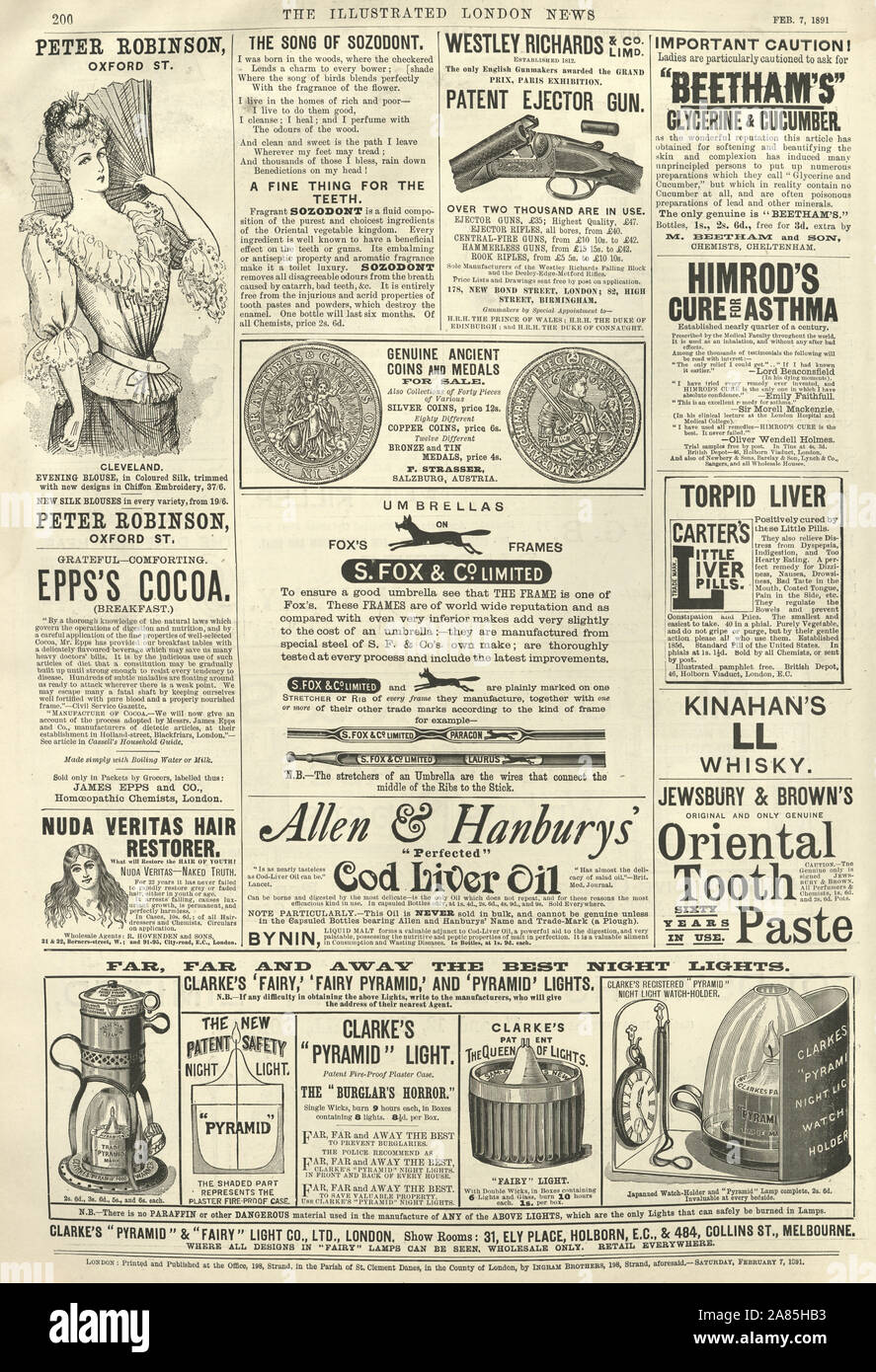 Seite der Anzeigen aus London Illustrated News, 1891, Mode Kleidung der Frauen, Lebertran, Restaurator, Nachtlichter, gesund Kuren Stockfoto
