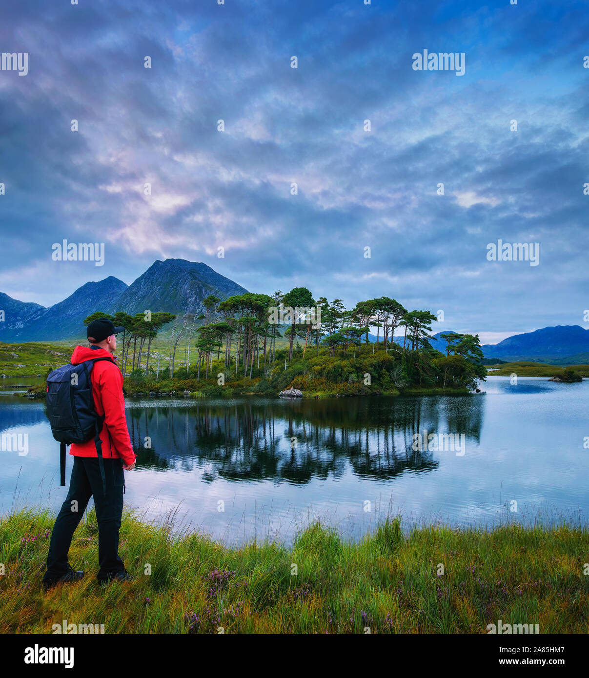 Junge Wanderer an der Pine Island im Derryclare Lough Stockfoto
