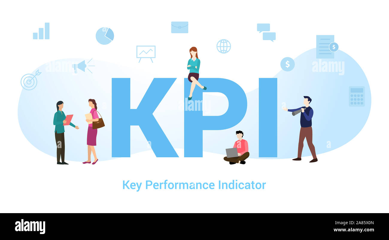 Kpi Key Performance Indicator Konzept mit großen Word oder Text und Team Menschen mit modernen Flat Style-Vector Illustration Stockfoto