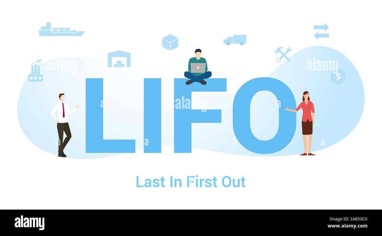 Lifo Last in first out Konzept mit großen Word oder Text und Team Menschen mit modernen Flat Style-Vector Illustration Stockfoto