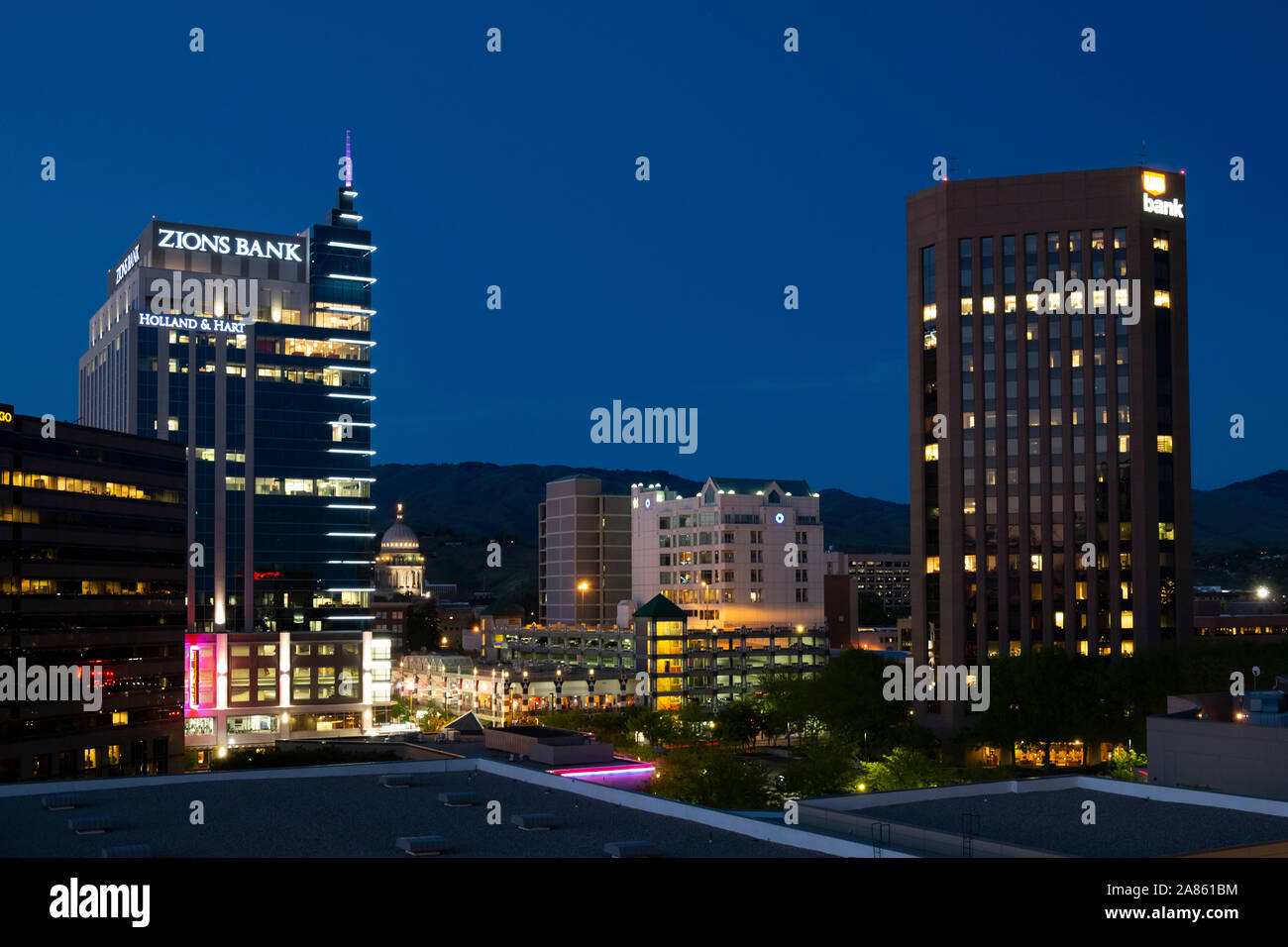 Nacht Blick auf Skyline Boise, Idaho Stockfoto