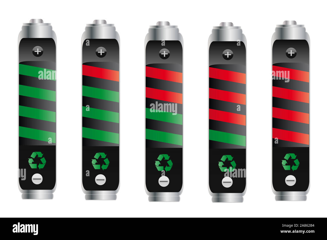 Satz Batterien Druckspeicher isoliert auf weißem Stockfoto