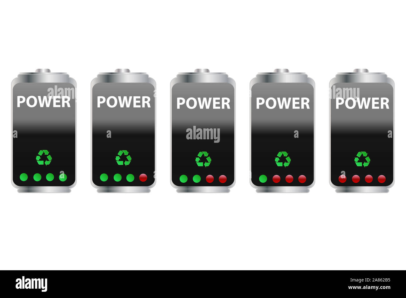 Satz Batterien Druckspeicher isoliert auf weißem Stockfoto