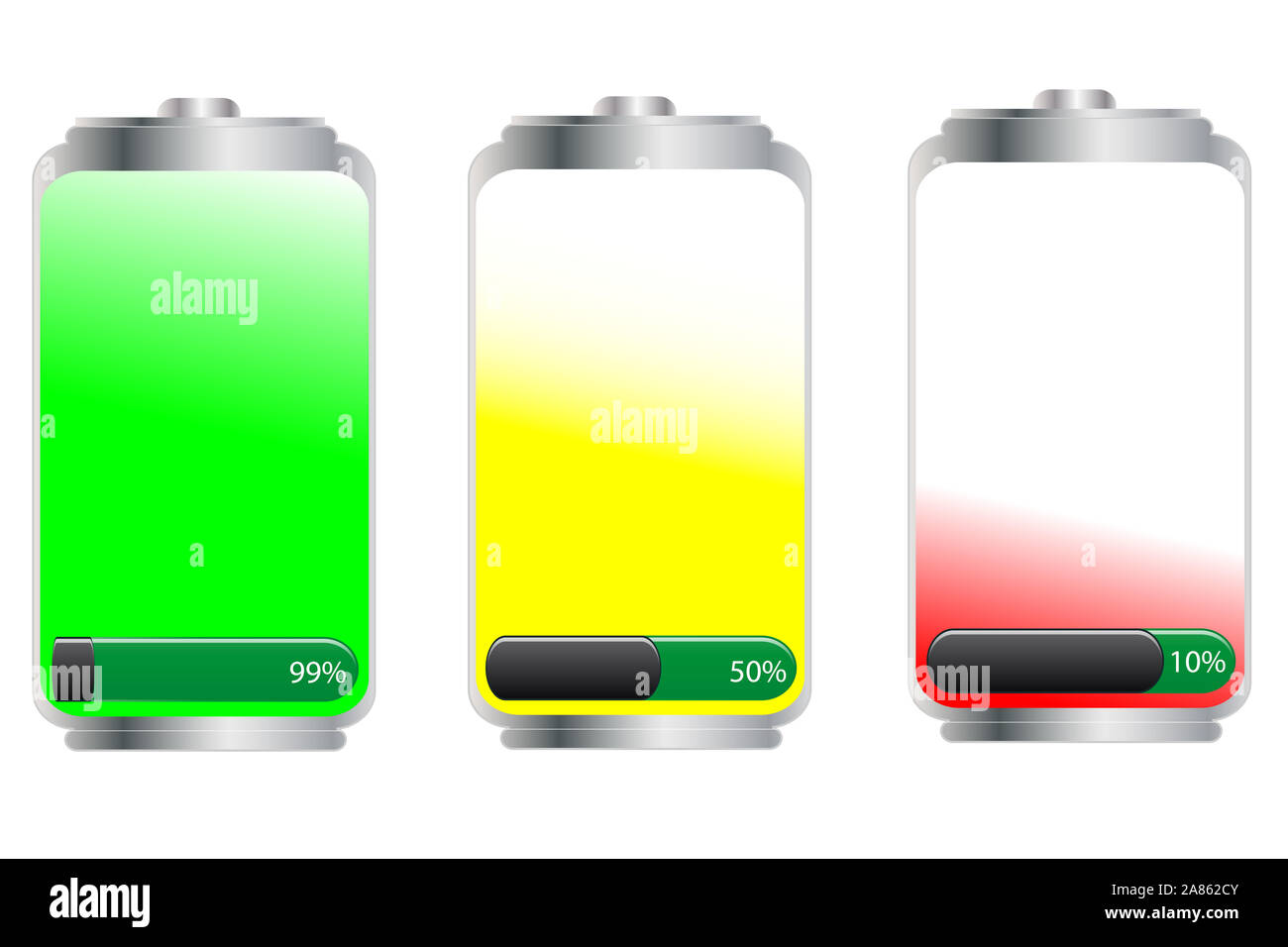 Satz Batterien Druckspeicher isoliert auf weißem Stockfoto