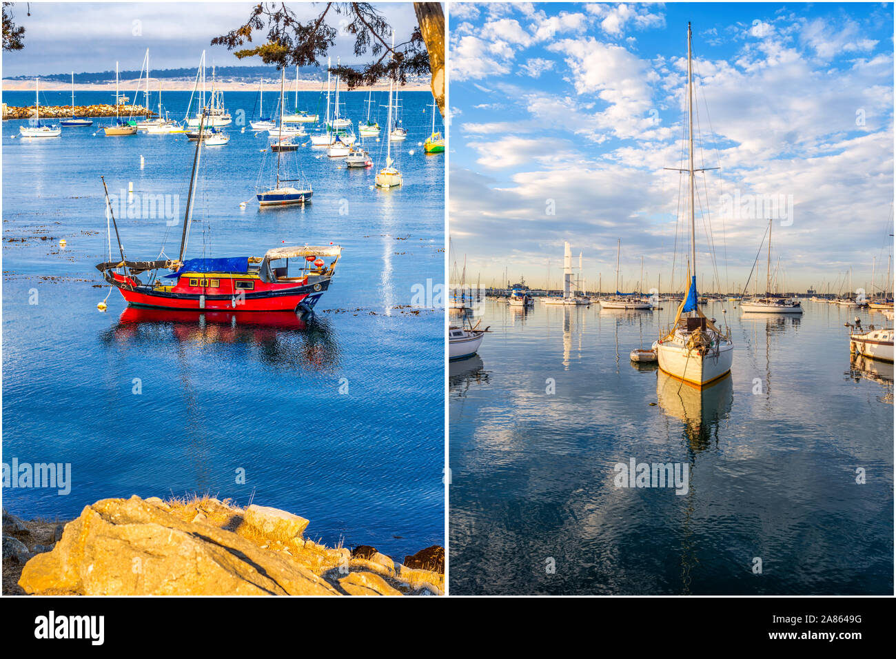 Küsten- und Natur Konzept in diptychon Format. Auf der linken Seite ist die Monterey Bay. Auf der rechten Seite ist Hafen von San Diego. Stockfoto