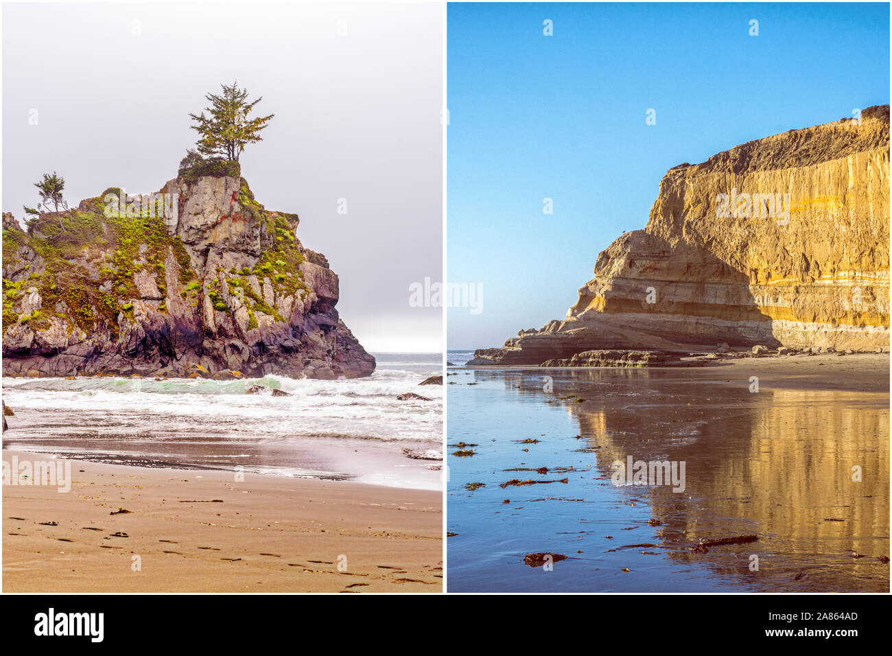 Küsten- und Natur Konzept in diptychon Format. Auf der linken Seite ist Hidden Beach in Nordkalifornien. Auf der rechten Seite ist Torrey Pines State Beach. Stockfoto