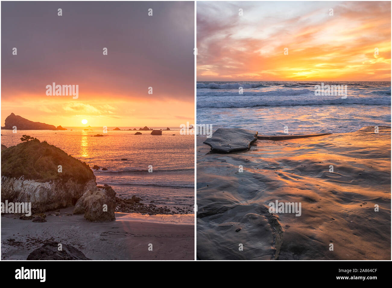 Küsten Konzept in diptychon Format dargestellt. Auf der linken Seite ist der Kiesstrand in Crescent City. Auf der rechten Seite ist die La Jolla, Ca Küste bei Sonnenuntergang. Stockfoto