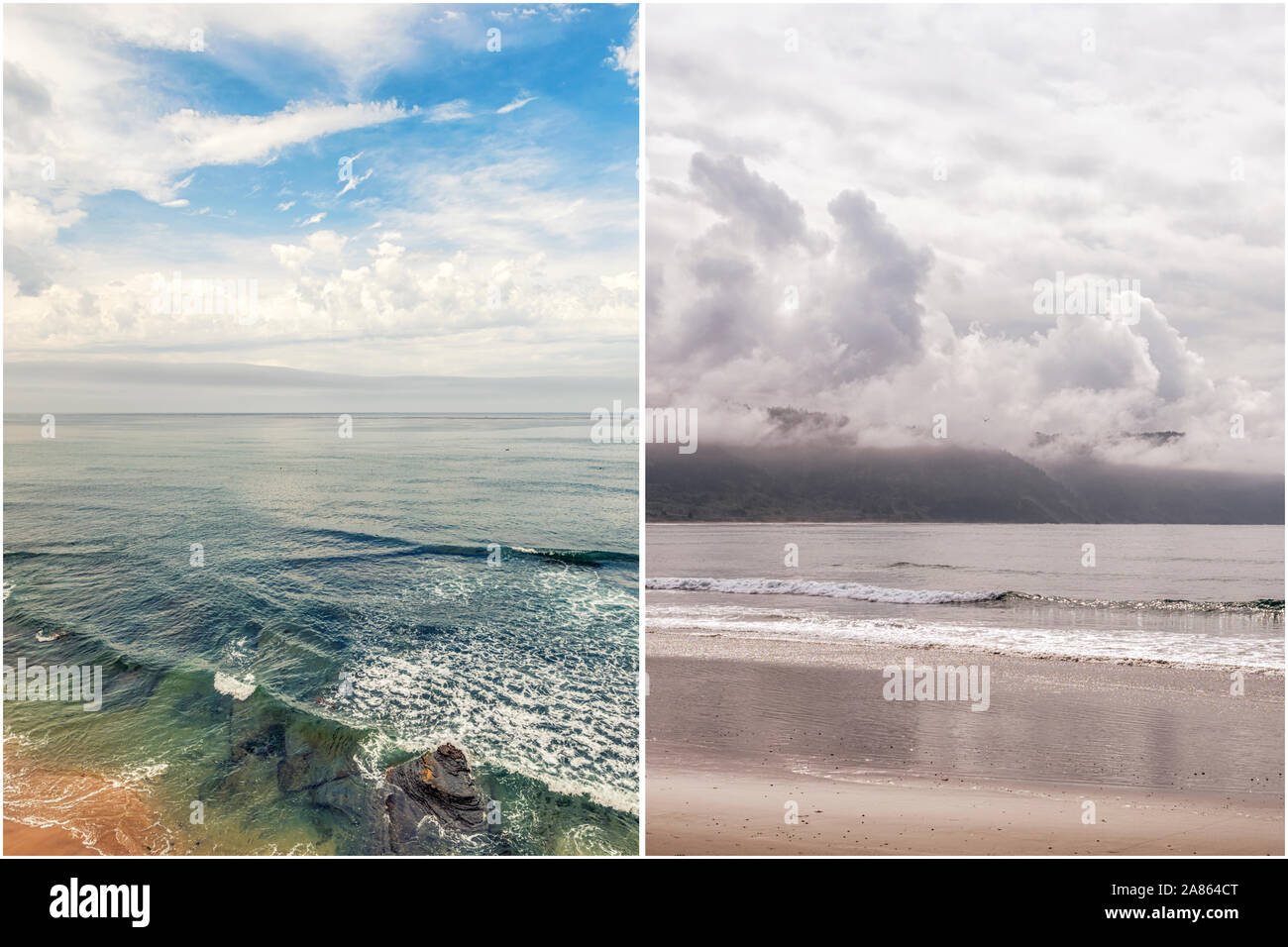 Küsten- und Natur Konzept in diptychon Format dargestellt. Auf der linken Seite ist die San Diego, CA Küste. Auf der rechten Seite ist Crescent Beach. Stockfoto