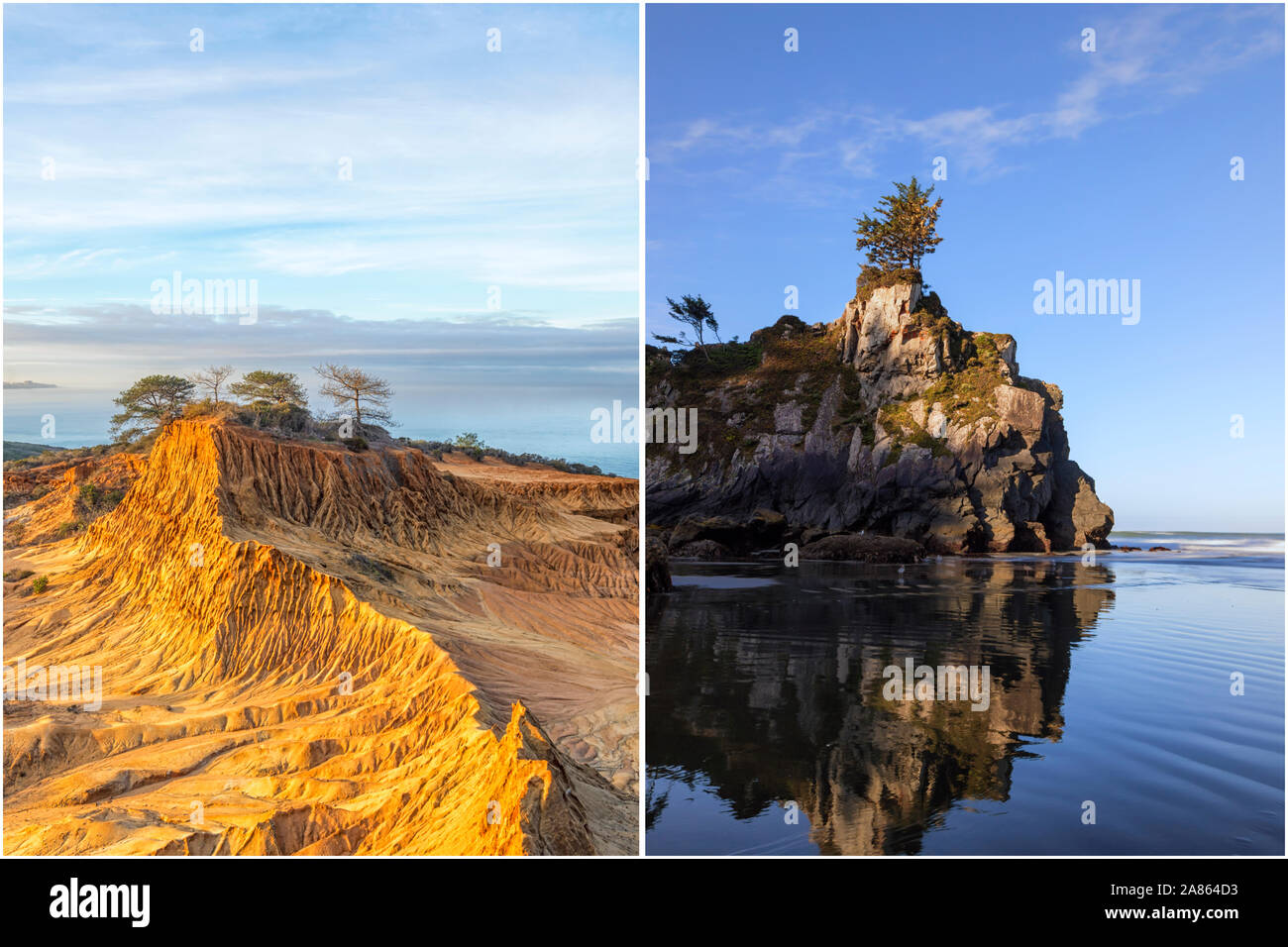 Küsten Konzept in diptychon Format dargestellt. Auf der linken Seite ist das Torrey Pines State Natural Reserve. Auf der linken Seite ist Hidden Beach in Nordkalifornien. Stockfoto