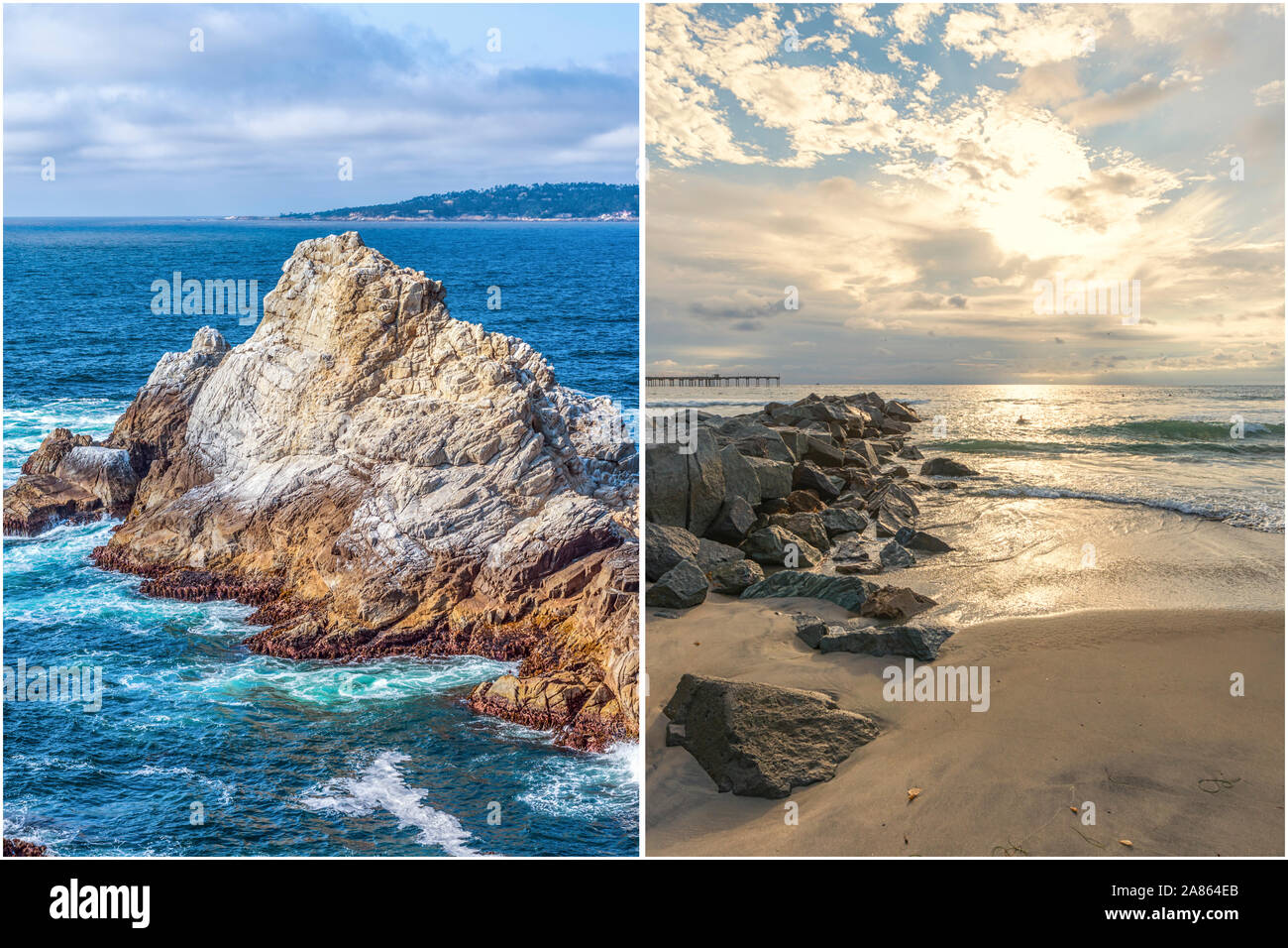 Küsten- und Natur Konzept in diptychon Format dargestellt. Auf der linken Seite ist der Point Lobos State Natural Reserve. Auf der rechten Seite ist die Ocean Beach in San Diego. Stockfoto