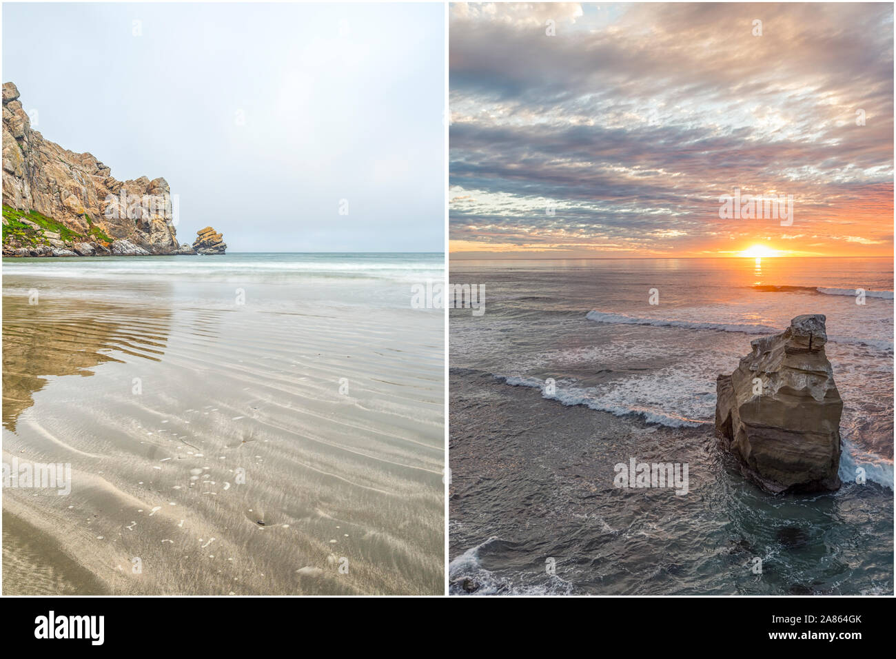 Küsten- und Natur Konzept in diptychon Format dargestellt. Auf der linken Seite ist Morro Rock Beach. Auf der rechten Seite ist die Sunset Cliffs Natural Park. Stockfoto