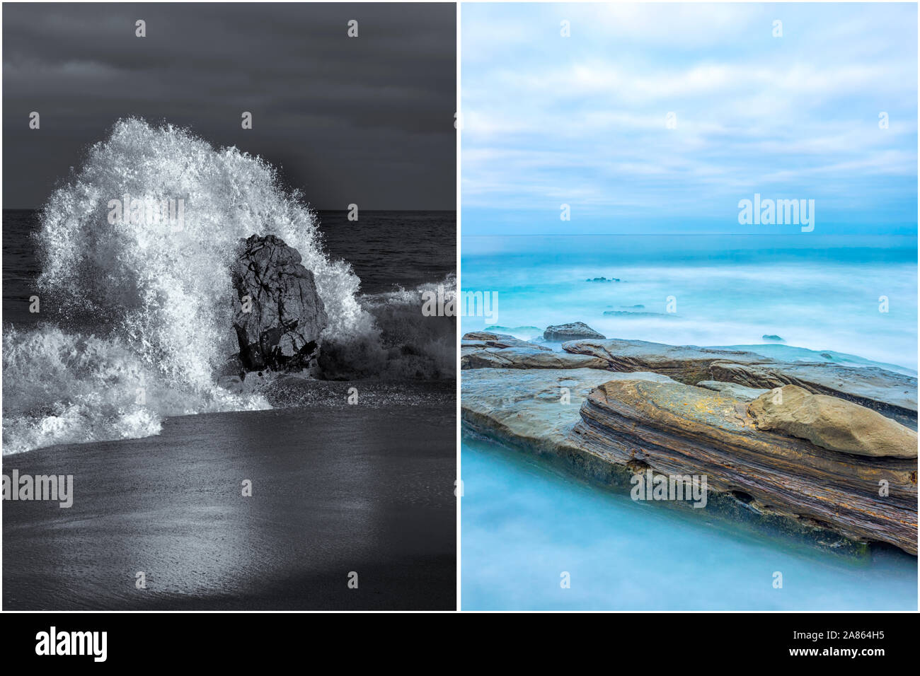 Küsten- und Natur Konzept in diptychon Format dargestellt. Auf der linken Seite ist die Garrapata State Beach. Auf der rechten Seite ist die La Jolla, California Coast. Stockfoto