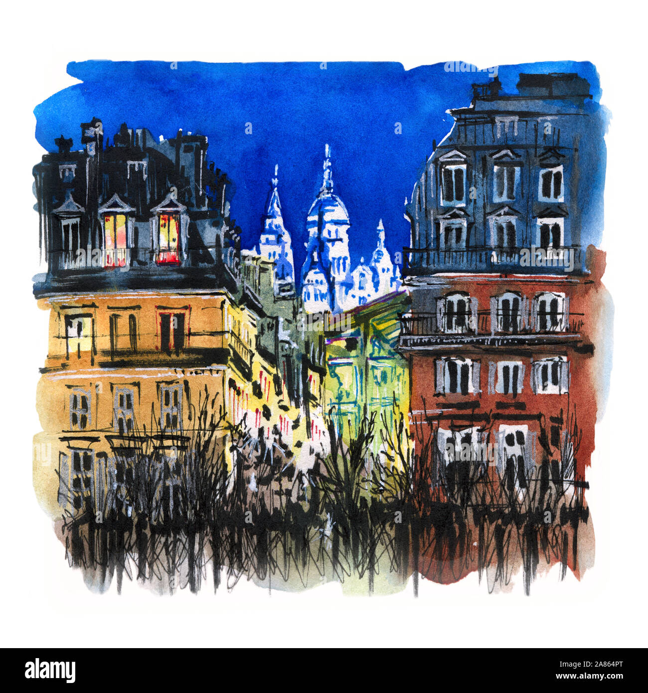 Aquarell Skizze der Nacht Pariser Straße, Paris, Frankreich Stockfoto