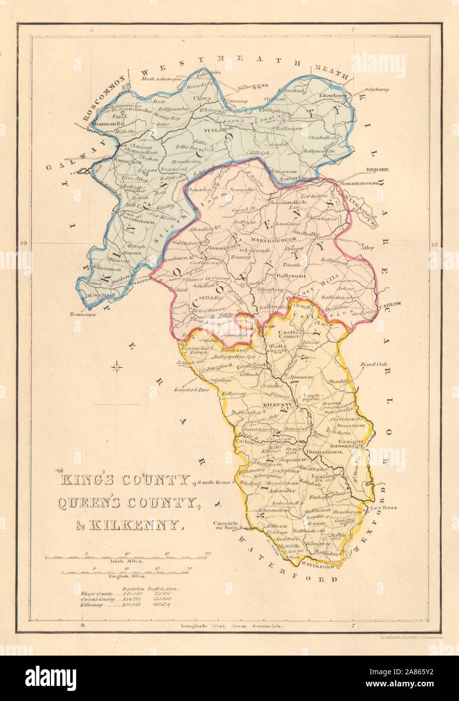 Antike KING AND QUEEN COUNTY & Kilkenny Karte. ADLARD. Offaly Laois 1843 Stockfoto