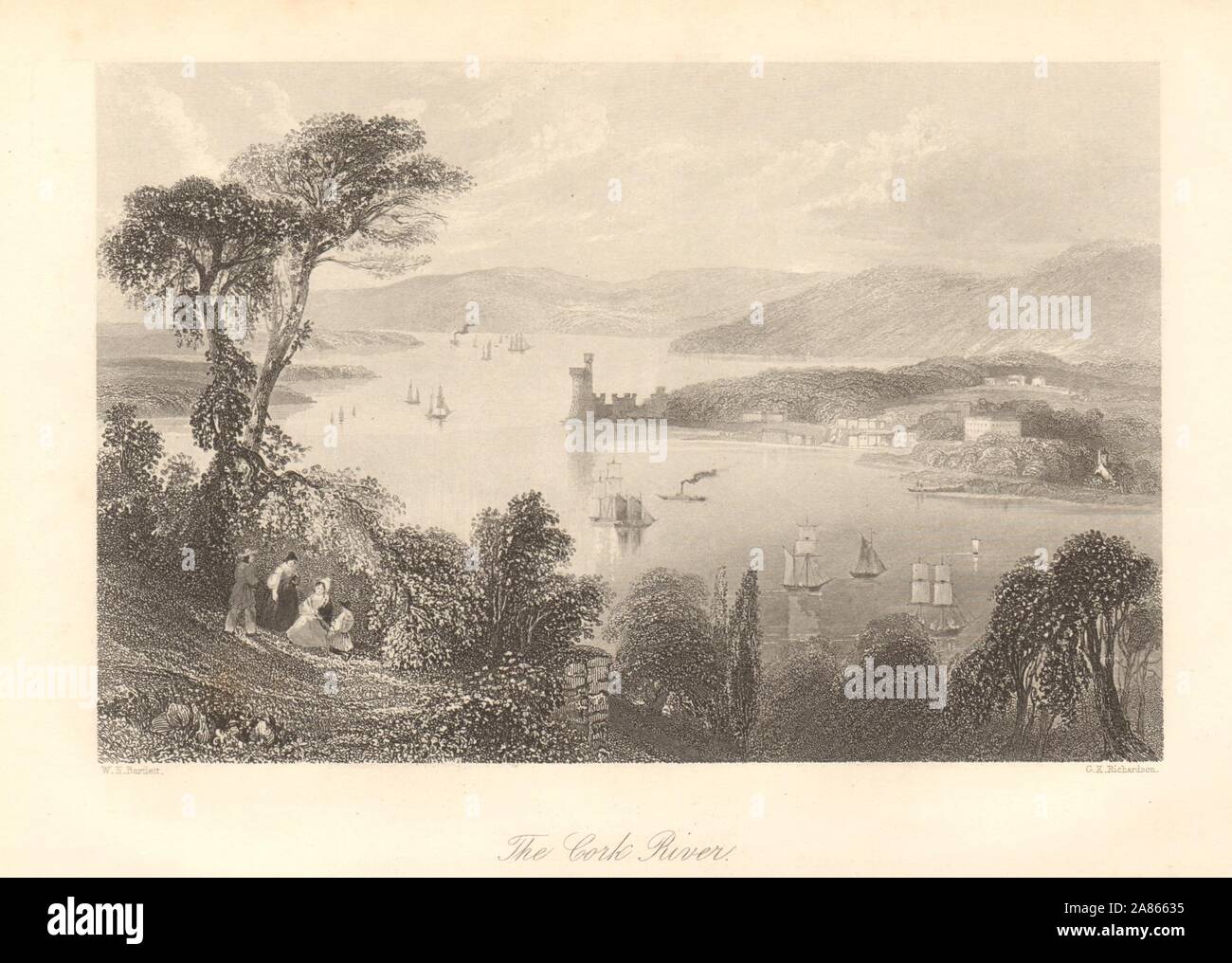 Der Korken Fluss, von unten die Glanmire Road. Blackrock Castle. Irland 1843 Stockfoto