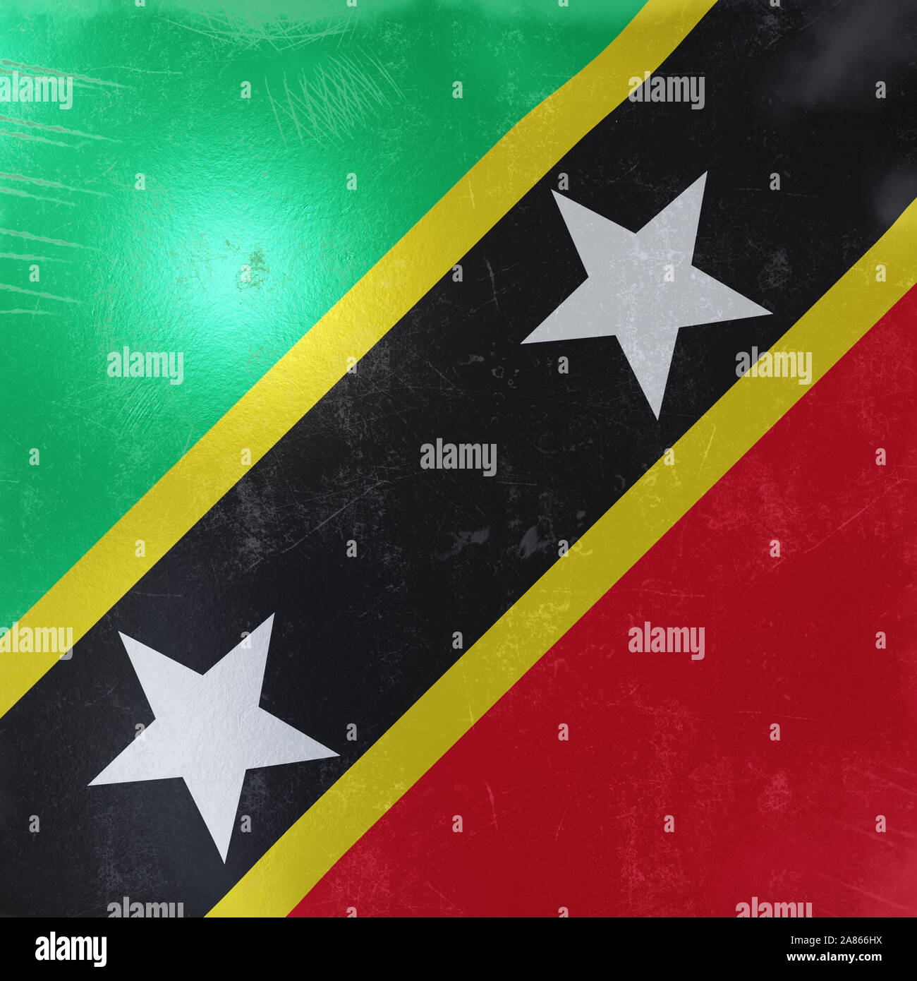 3D-Rendering für eine rostig und alt Saint Christopher und Nevis Flagge auf einer metallischen Oberfläche. Stockfoto